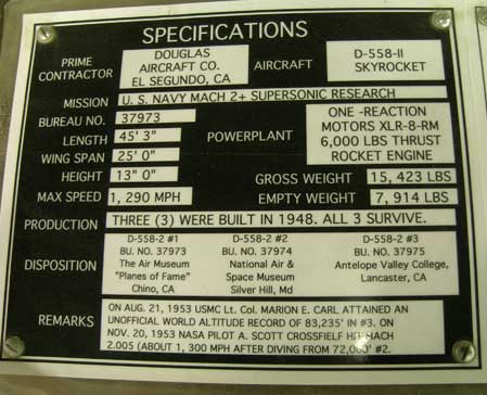 Douglas Skyrocket-specs plate
