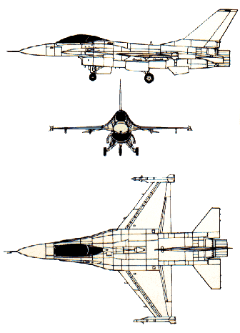 Three views of the General Dynamics F-16