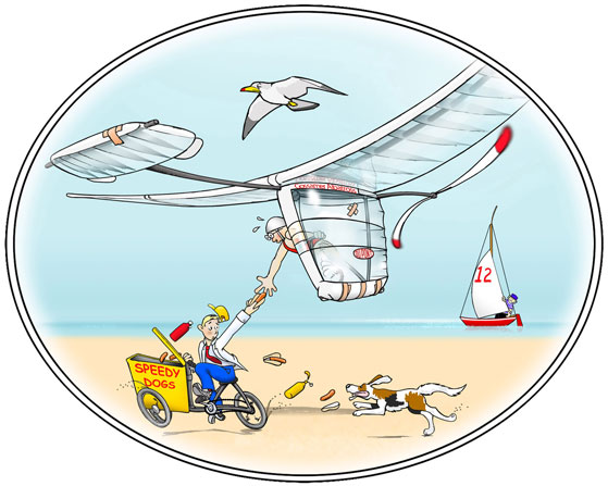 Cartoon of Gossamer Albatross pilot being handed a hotdog in midflight