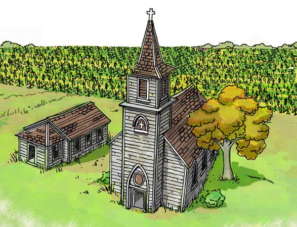 Pierre's Watercolor of the Church and Hall