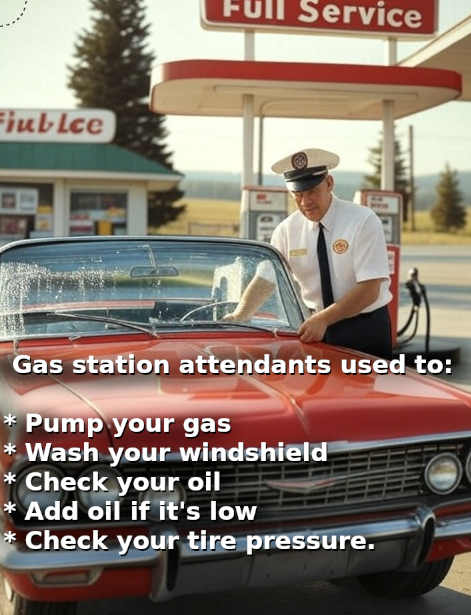 Full Service gas station from the 60s, including an attendant washing a windshield.