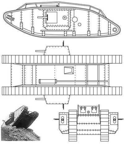 Mark IV WWI tank three view