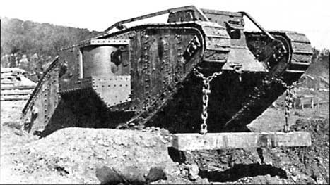 WWI tank Mark IV about to use the unditching beam