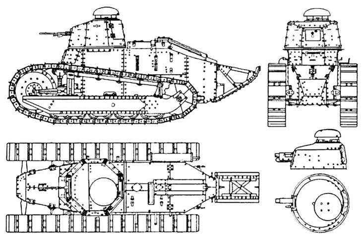 Renault WWI Tank FT-17 three view