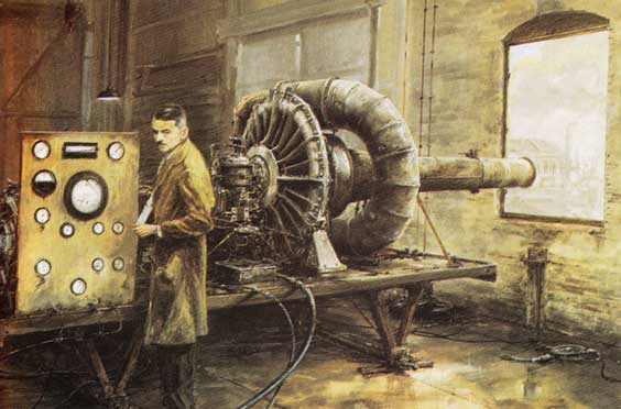 Frank Whittle at work building a jet engine