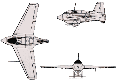 three view of the ME163 Komet rocket plane